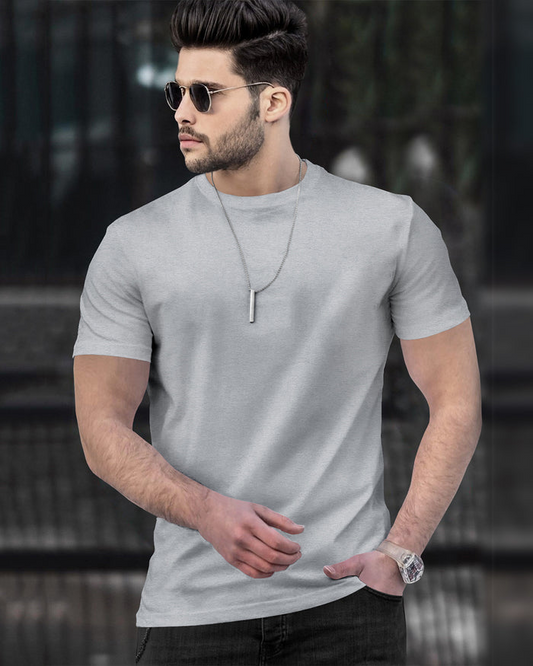 MEN HALF SLEEVE ROUND NECK PLAIN GREY T-SHIRT