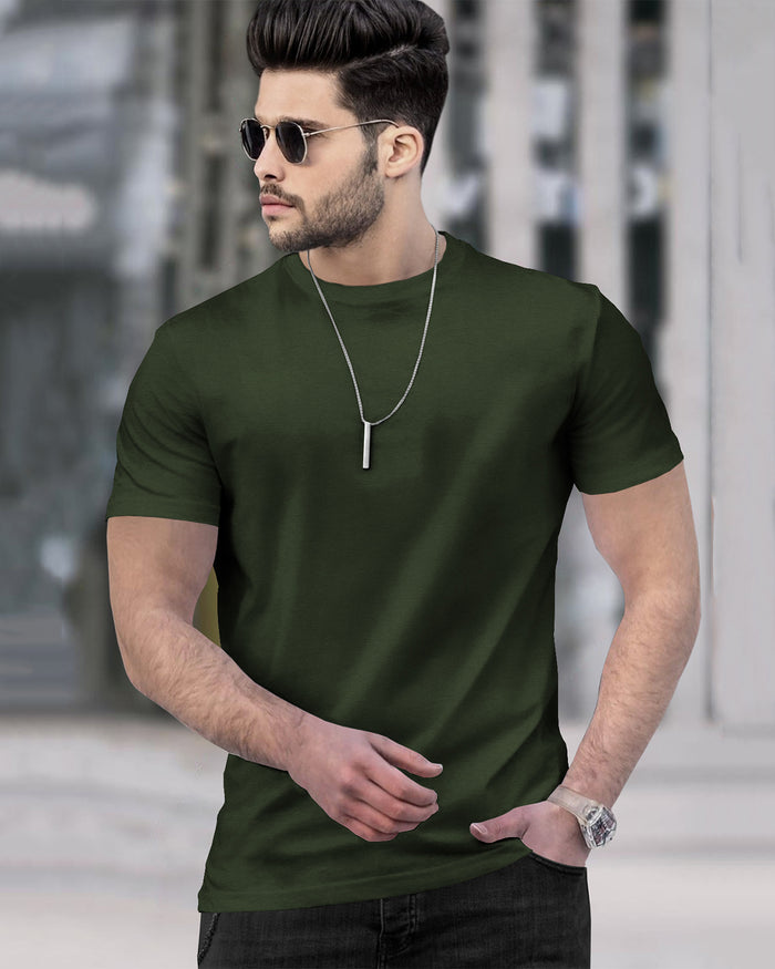 MEN OLIVE GREEN HALF SLEEVE ROUND NECK PLAIN T-SHIRT