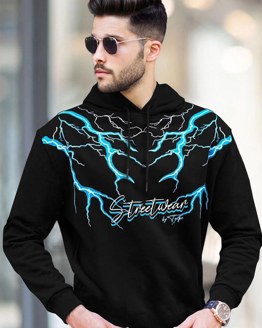 MEN THUNDER PRINTED HOODED NECK BLACK T-SHIRT